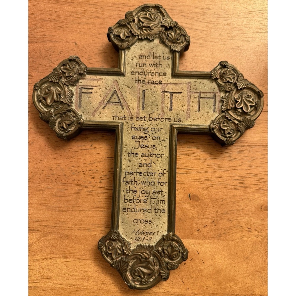 By FAITH Cross Demdaco‎ 2005 Wall hanging art. Hebrews 12:1-2 EUC
